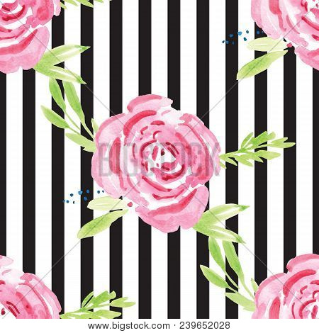 Hand-painted Watercolor Floral Rose Pattern. Illustration Of Decorative Floral Design For Wedding In