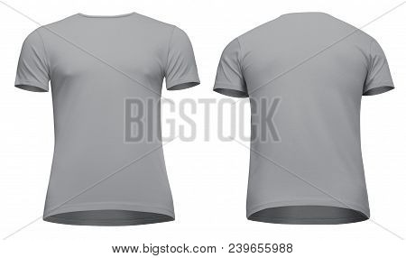 Blank Template Men Grey T-shirt Short Sleeve, Front And Back View Bottom-up, Isolated On White Backg