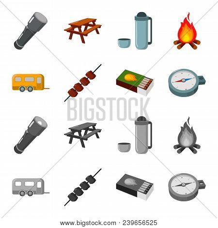 Trailer, Shish Kebab, Matches, Compass. Camping Set Collection Icons In Cartoon, Monochrome Style Ve