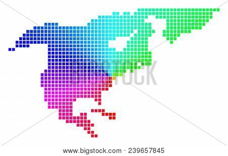 Rainbow North America Map. Vector Pixelated Geographic Plan In Bright Spectral Colors With Circular 
