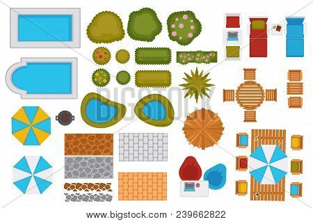 Swimming Pools And Backyard Design Elements Set. Small Pond, Green Bushes, Outside Furniture, Comfor