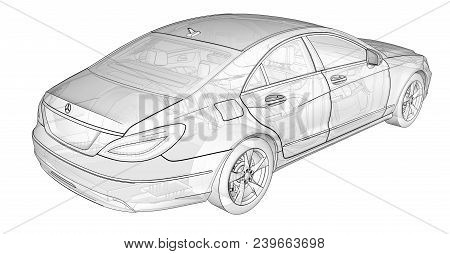 Three-dimensional, Transparent Illustration With Contour Lines Of Mercedes Benz Cls Coupe. 3d Render