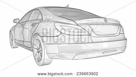 Three-dimensional, Transparent Illustration With Contour Lines Of Mercedes Benz Cls Coupe. 3d Render