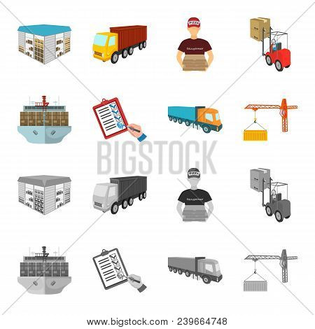 Sea Freight, Signature Of Delivery Documents, Truck, Tower Crane With A Container. Logistics And Del