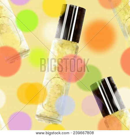 Seamless Pattern. Bottle With Perfumes Yellow On A Yellow Background.
