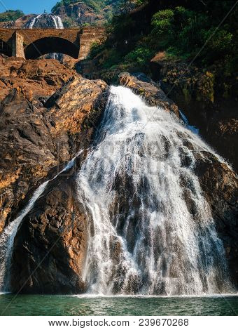 Beautiful View Of The Dudhsagar Waterfall. The Largest Waterfall In Goa, India