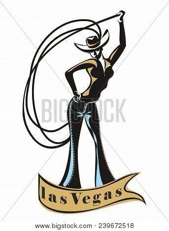 Las Vegas. The Cowboy Girl . Lasso.  Invitation. Greeting. Weathercock. Sign. Western. Vintage.retro