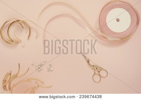 Jewelry Designer Workplace. Handmade, Craft Concept. Materials For Making Jewelry ? Golden Scissors,