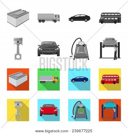 Car On Lift, Piston And Pump Monochrome, Flat Icons In Set Collection For Design.car Maintenance Sta