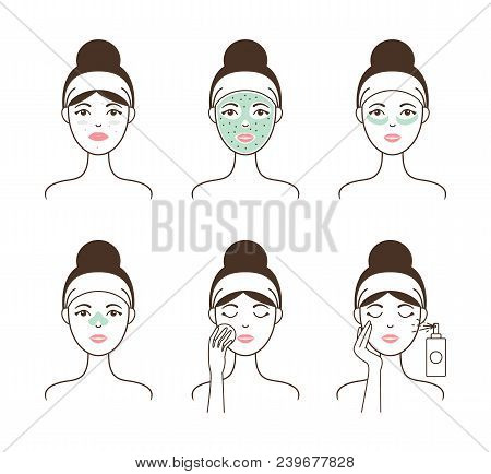 Skin Cleansing With Natural Mask And Patches Shown On Female Model Step By Step Isolated Cartoon Fla
