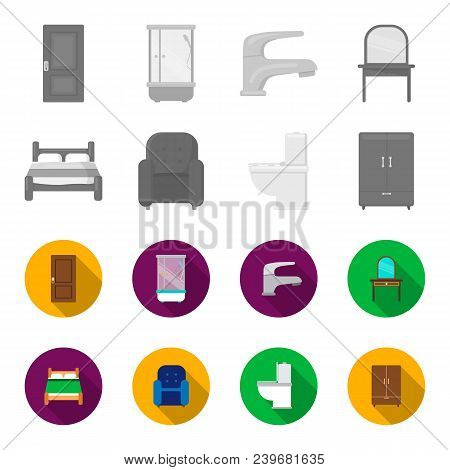 A Bed, An Armchair, A Toilet, A Wardrobe.furniturefurniture Set Collection Icons In Monochrome, Flat