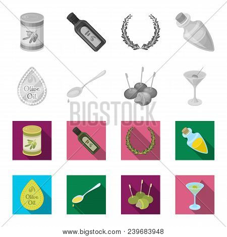 Label Of Olive Oil, Spoon With A Drop, Olives On Sticks, A Glass Of Alcohol. Olives Set Collection I