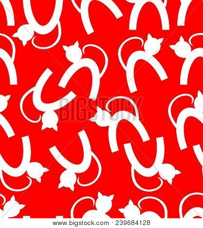 Cute Vector Background With White Cats Silhouettes On Red Background. Textile Or Wrapping Paper For 