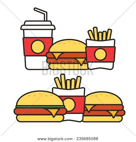 Fast Food Snacks And Drinks Flat Vector Icons. Fastfood Icons. Snack Bag Vector Food