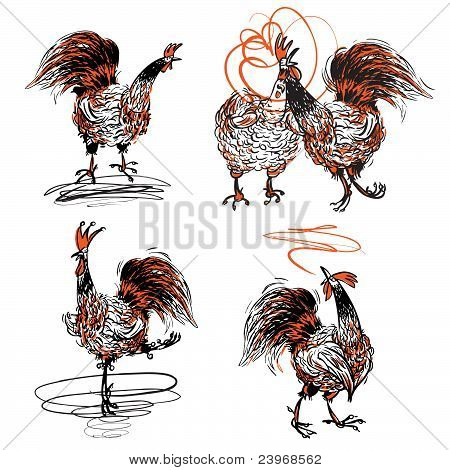 Roosters And A Hen