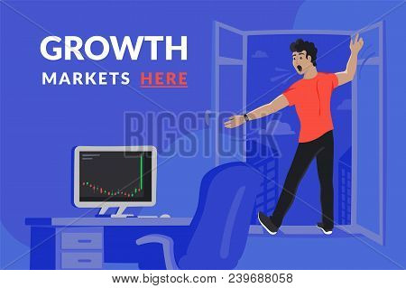 Surprised Investor In The Window Is Going To Fall Down At The Moment When On Computer Screen Downtre