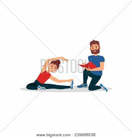 Smiling Woman Doing Exercise Sitting On Floor. Coach Writing Notes In Folder. Young Girl Warming-up 