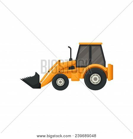 Cartoon Illustration Of Yellow Tractor With Bucket. Front-end Loader. Machine For Digging And Loadin