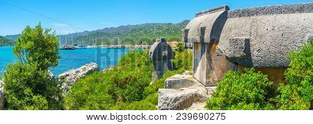 Panorama Of Ucagiz Coast With Green Taurus Mountains, Yachts In Harbor And Ruined Lycian Tombs, Keko