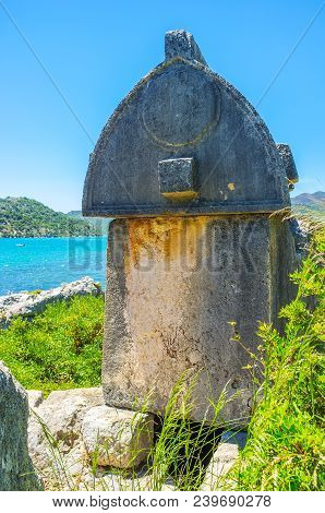 The Ancient Stone Tomb  In Archaeological Site Of Ucagiz, Kekova Bay, Turkey.