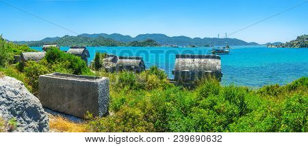 The Seascape Of Kekova Bay With Floating Yacht Amid The Mountains And Islands And Ruins Of Lycian Ne