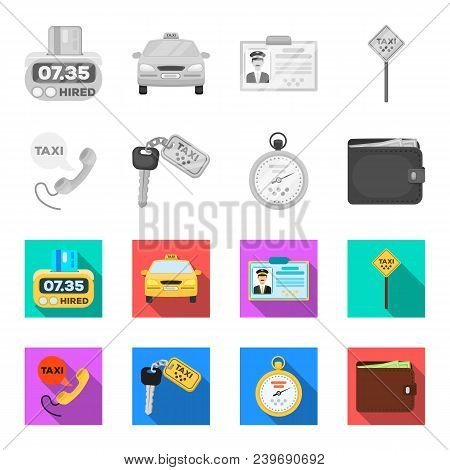 Handset With The Inscription Of A Taxi, Car Keys With A Key Fob, A Stopwatch With A Fare, A Purse Wi