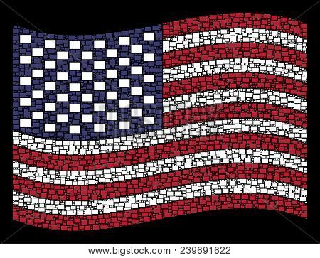 Filled Rectange Symbols Are Combined Into Waving American Flag Stylization On A Dark Background. Vec