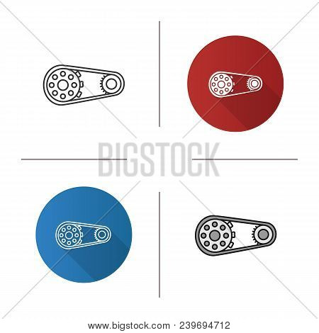 Sprocket Wheel With Chain Icon. Flat Design, Linear And Color Styles. Drive Belt On Pulley. Isolated