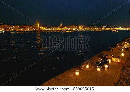Budapest, Hungary - 17 April 2018: Shoes On The Embankment Of The Danube - A Monument At Night.