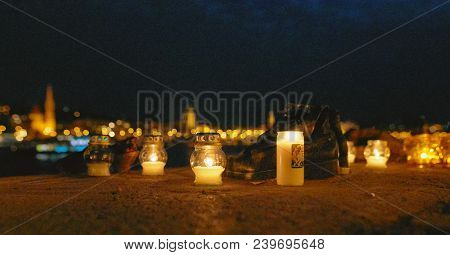 Budapest, Hungary - 17 April 2018: Shoes On The Embankment Of The Danube - A Monument At Night.