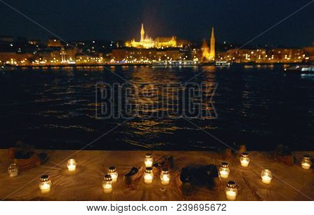 Budapest, Hungary - 17 April 2018: Shoes On The Embankment Of The Danube - A Monument At Night.