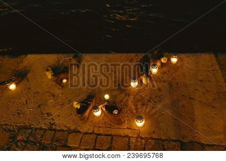 Budapest, Hungary - 17 April 2018: Shoes On The Embankment Of The Danube - A Monument At Night.