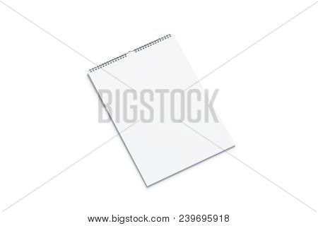 Blank White Calendar Mock Up Side View, Isolated. Empty Almanac A3 Mockup With Metal Spirals. Clear 