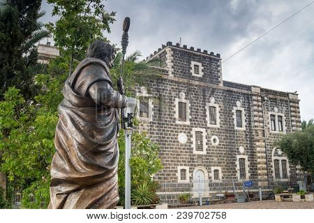The Sculpture Of The Apostle Peter And Franciscan Monastery In Capernaum On The Coast Of The Sea Of 