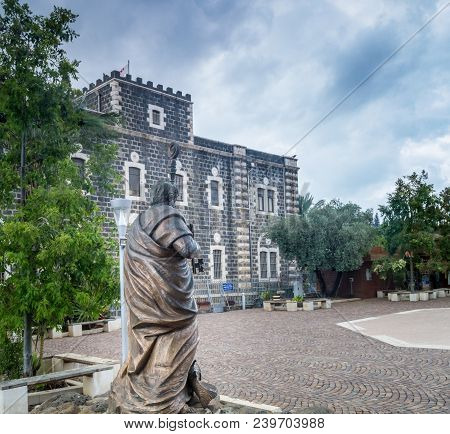 The Sculpture Of The Apostle Peter And Franciscan Monastery In Capernaum On The Coast Of The Sea Of 