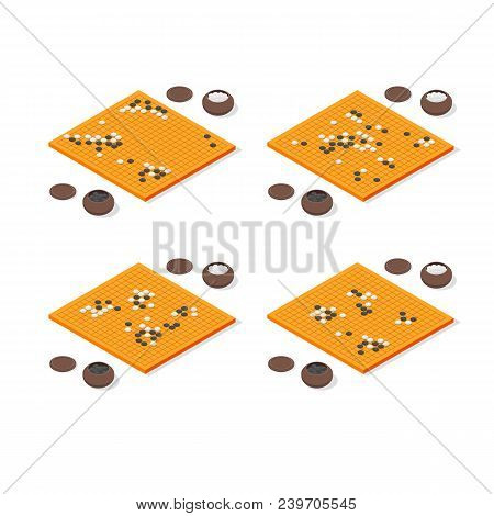 Japanese Board With Grid Strategy Game Go Concept Set 3d Isometric View. Vector Illustration Traditi