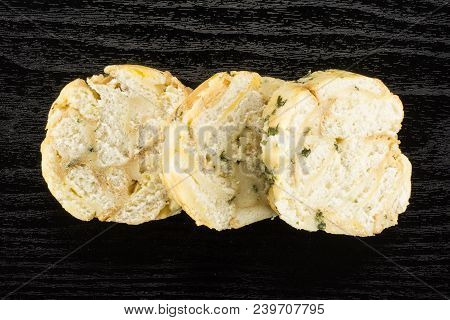 Calsbad Bread Dumpling Top View Three Slices Isolated On Black Wood Background Fresh Steamed