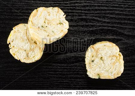Calsbad Bread Dumpling Top View Isolated On Black Wood Background Three Slices Fresh Steamed