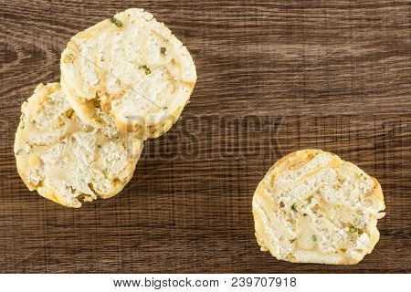 Calsbad Bread Dumpling Top View Isolated On Brown Wood Background Three Slices Fresh Steamed