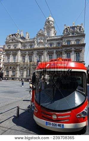 Lyon, France, May 6, 2018 : The Brand New Lyon City Tram Take Visitors To Croix-rousse, A Famous Dis