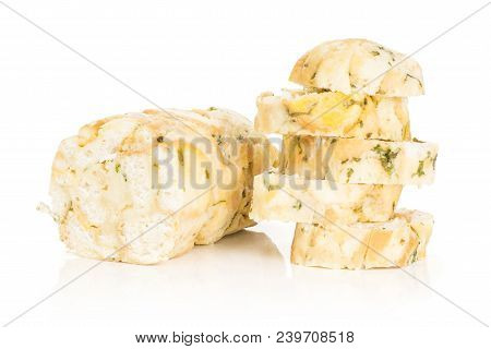 One Calsbad Bread Dumpling Half And Five Slices Isolated On White Background Fresh Steamed