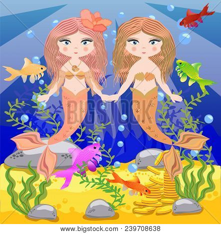 Vector Background With An Underwater World In A Children's Style. A Mermaid Is Sitting On A Rock.