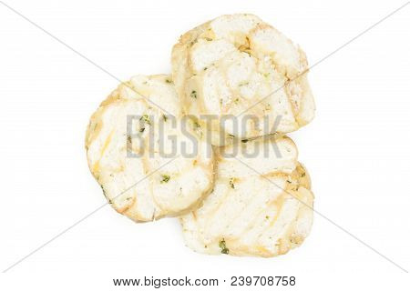 Calsbad Bread Dumpling Top View Isolated On White Background Three Slices Stack Fresh Steamed