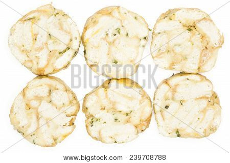 Calsbad Bread Dumpling Top View Isolated On White Background Six Slices Collection Fresh Steamed