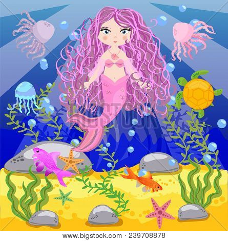 Vector Background With An Underwater World In A Children's Style. A Mermaid Is Sitting On A Rock. Wo