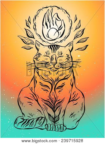 Hand Drawn Vector Yoga Cat With Hand Mudra.cat Illustration.yoga Cat . Vector Cat. Cartoon Cat. Medi