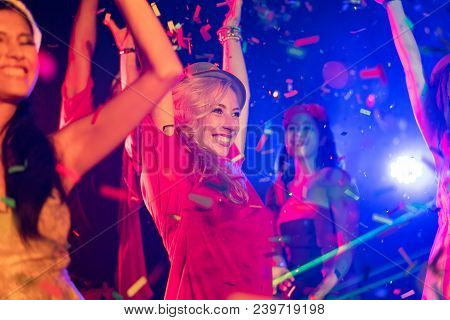 Night Club Dj Party People Enjoy Of Music Dancing Sound With Colorful Light. Club Night Light Dj Par