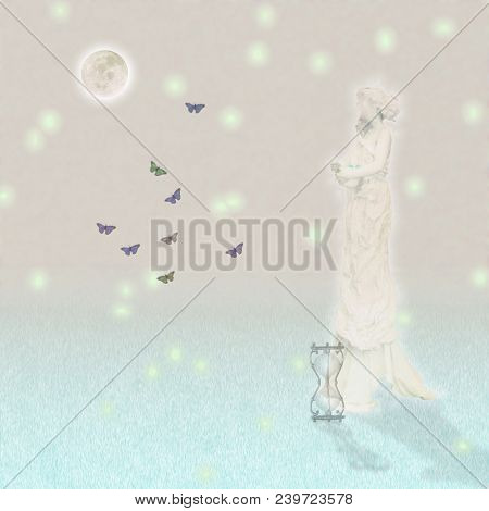 Woman`s marble statue and butterflies. Glowing moon and hourglass. 3D rendering