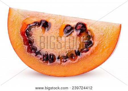 Fresh Sweet Tamarillo Slice Isolated Isolated On White Background. Clipping Path. Full Depth Of Fiel