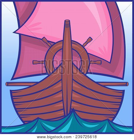 Icon Depicting A Sailing Ship In The Sea On The Waves. Prow Of A Ship, The Steering Wheel, Pink Sail
